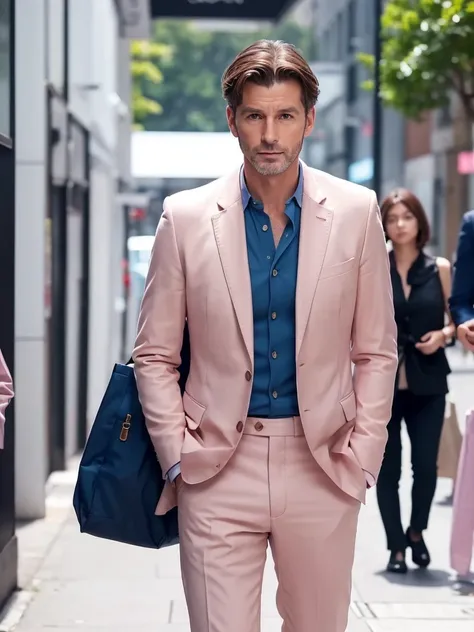 Handsome European man in his 40s、Like handsome guy、Please face forward、Brown short hair, pastel pink color suit，blue shirt，Hands in pockets .

