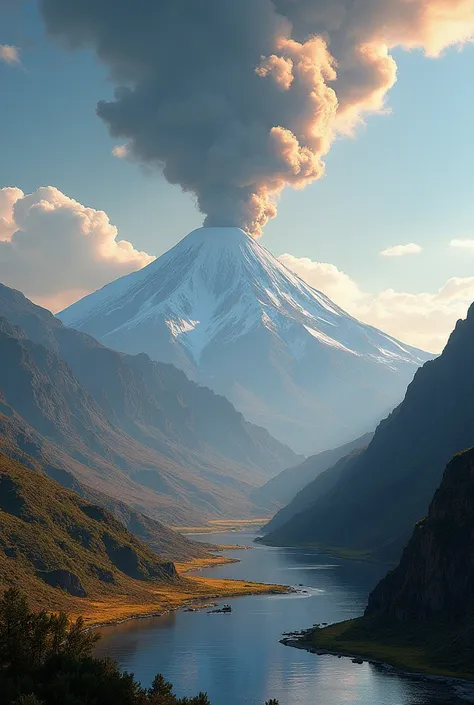 Sabancaya volcano seen from afar, with a column of smoke rising on the horizon. In the foreground, The Colca River flows peacefully through the valley. The scene has a nostalgic air, as if nature itself remembered the tragic story.

