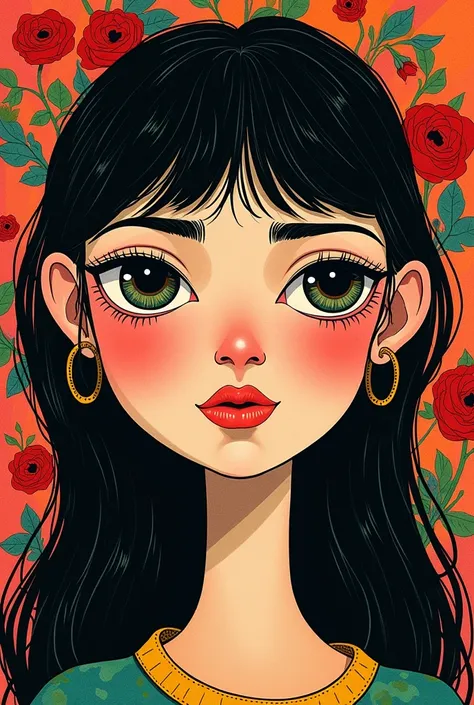 (style of Oskar Kokoschka:1.2),(abstract expressionism art:1.2),girl,plants,love,rose for eyes,bright color theme,colorful,visually stunning,beautiful,gorgeous,emotional,intricate,perferct shading, frida, unibrow, long black hair, bangs, big nose