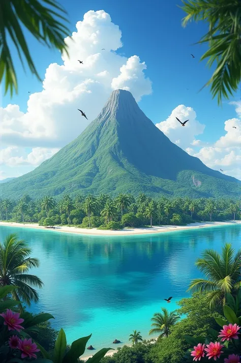 Create a drawing of an island with a non-erupting volcano in the middle 