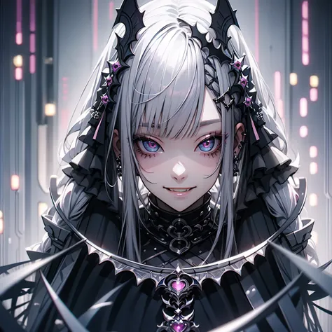 (masterpiece), highest quality, Ultra-high resolution,Gothic、Silver Hair、Black Hair、Pink mesh hair、Big smile、Bat、smile、Crouched down to sleep、Side angle