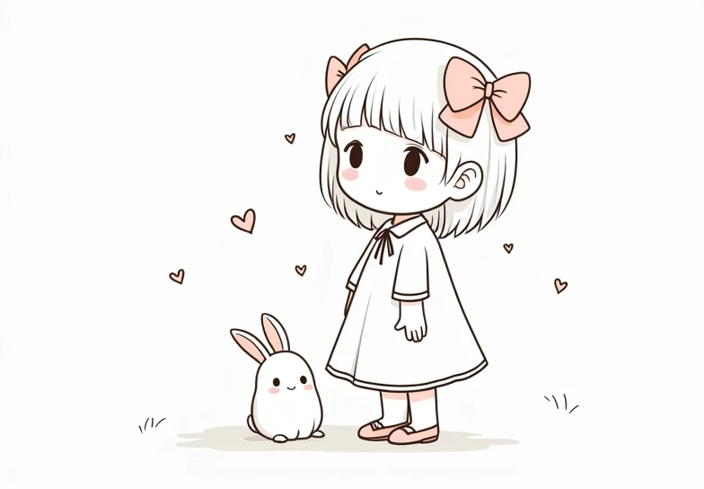 
"A simple and cute line drawing of a young girl with short hair tied into two pigtails with large bows, wearing a flowing dress. She is standing next to a small, chubby bunny sitting beside her. The girl looks curious and thoughtful, while the bunny is ca...