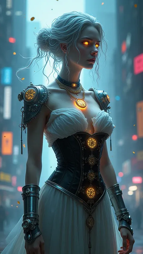 "A powerful female sorceress who controls time, with a divine yet cyberpunk aesthetic. She has an imposing and ethereal presence, with glowing eyes that resemble ancient clocks, featuring golden gears turning within her pupils. Her hair floats as if in zer...