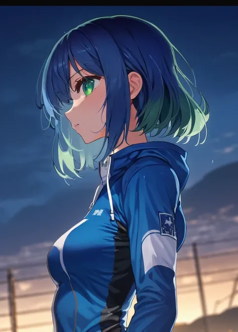 masterpiece, high quality, 8k, Beautiful lighting, One Girl, Alone, Green Eyes, Medium_hair,  Outdoor, Cowboy Shot, View your audience, anime, blue hair,Wearing form-fitting blue sportswear,Wet with sweat,sexy,whole body,Anatomically correct, 