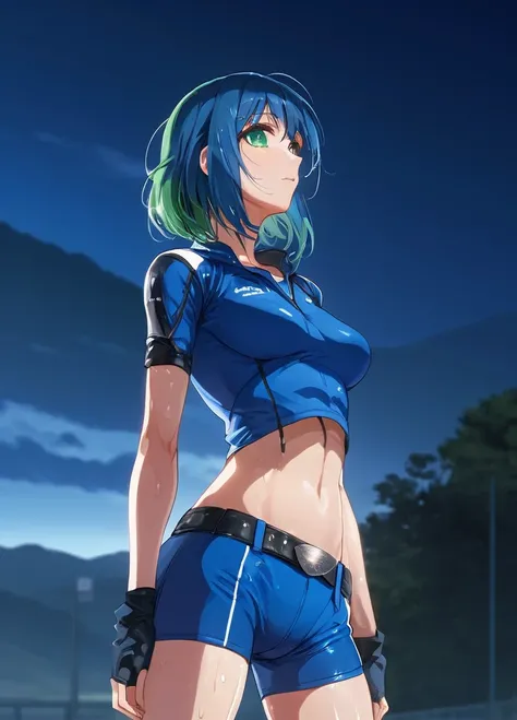 masterpiece, high quality, 8k, Beautiful lighting, One Girl, Alone, Green Eyes, Medium_hair,  Outdoor, Cowboy Shot, View your audience, anime, blue hair,Wearing form-fitting blue sportswear,Wet with sweat,sexy,whole body,Anatomically correct, 