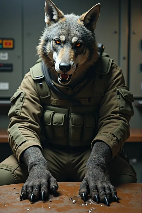 Military anthropomorphic wolf with sweaty, stinky feet on the table