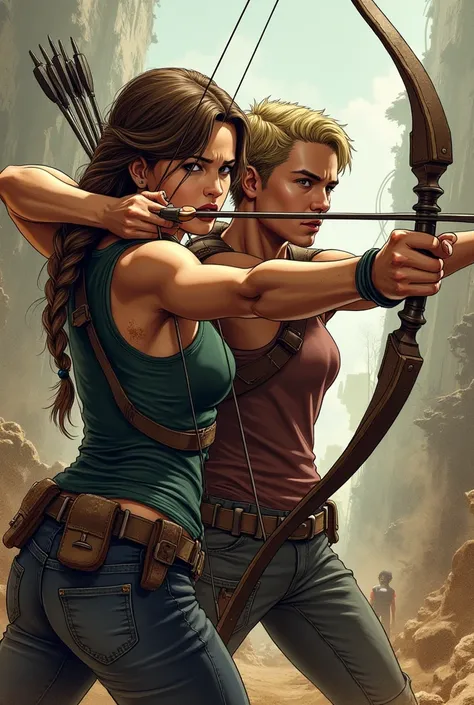 reference to the book the hunger games, woman with braid and dirty black clothes next to the man next to her with short blonde hair, with soft features and in dirty, torn clothes fighting with bows and. arrows with other tributes, Realistic comic