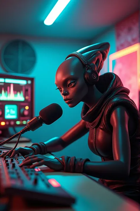 Alien in radio broadcast studio with unidirectional microphone and analog graphic equalizer 