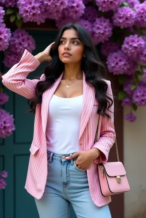 The image shows a Bollywood young woman standing in front of a wall with purple flowers. She is wearing a pink and white striped blazer over a white tank top and light blue jeans. She has long dark hair that is styled in loose waves and is holding a pink p...