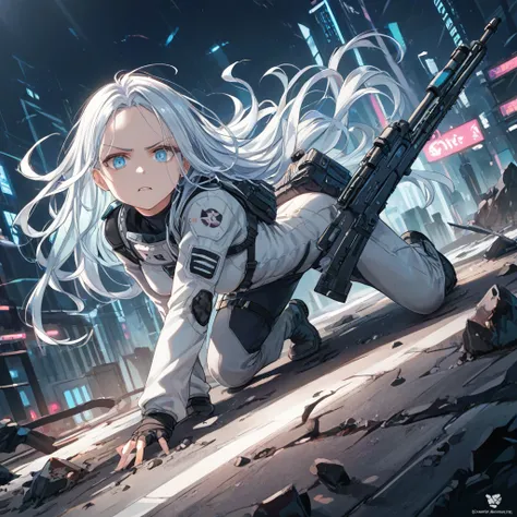 (masterpiece, best quality,dynamic angle,Dutch angle shot),1women,Long, flowing hair, silver with icy blue tips, sharp eyes, icy blue color, determined expression, pale skin with a cold sheen, slender figure, futuristic combat suit, aiming a plasma rifle, ...