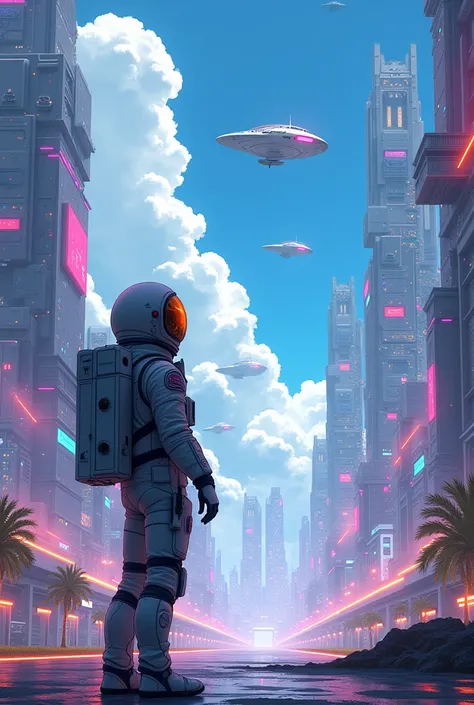 astronaut seeing a technological world and being surprised to see flying cars and advanced buildings anime version