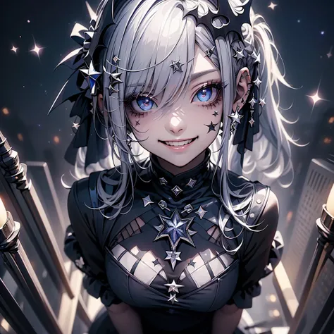 (masterpiece), Highest quality, Ultra-high resolution,Gothic、Silver Hair、Black Hair、Big smile、Bat、smile、Sick Makeup、(Background starry sky:1.3)、bamboo、night