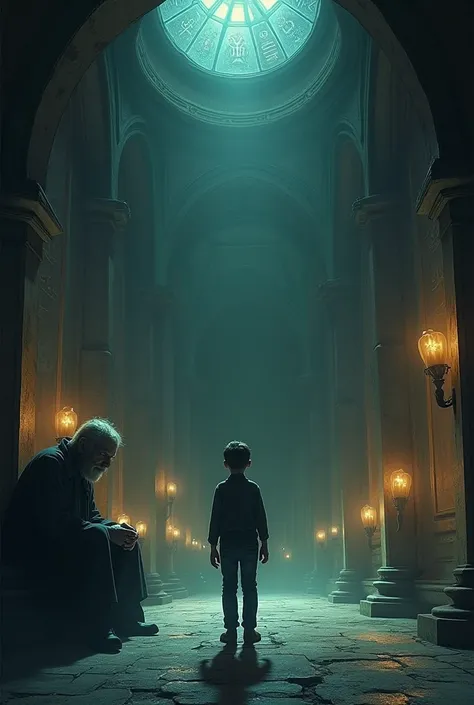 A strange man sitting in the corner of a large, scary and magical room was looking at a human-sized boy. Keep the man and the boy far apart. 
About 10 feet apart. Make the boy a little bigger.
Give  a  more distance
Put the boy in one corner and the old ma...