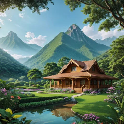 


"Create a picturesque illustration of a beautiful house with a charming swing hanging from a tree in the front yard. The house should be surrounded by a lush green garden, filled with vibrant flowers and trees. In the background, majestic mountains rise...