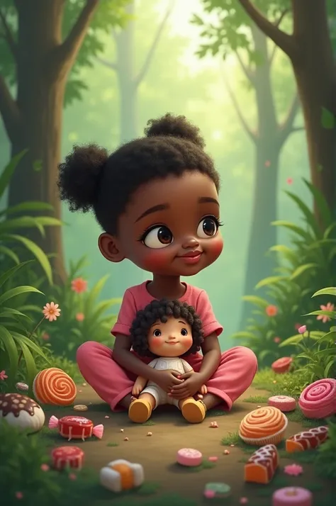 a six-year-old black girl sitting cross-legged on the floor, pink clothes, short curly hair, almost bald, with a rag doll in hand, lots of sweets like lollipop, jelly beans and candies and guarana on the floor. No fundo, a forest.