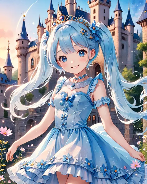 Cute girl surrounded by cosmos,Light blue long hair、Twin tails、 Adorable smile、かわいい女の子 is wearing a rococo style dress and tiara,  Middle chest, watercolor, Clear, Cute illustrations, Beautiful details, Subtle outline, 最high quality, 最high quality, ultra d...