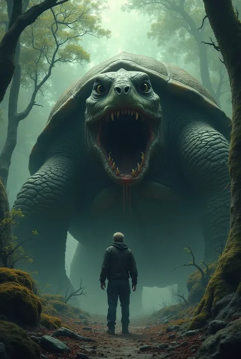 A man looking  forest a Forest inside a huge zombie turtle the man so Afride