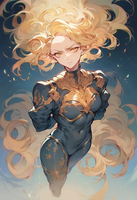 girl, flowing golden blonde hair, yellow eyes, golden imperial suit, neckline, anime, the background is a clear sky with twinkling lights, dynamic angle, arrogant laugh