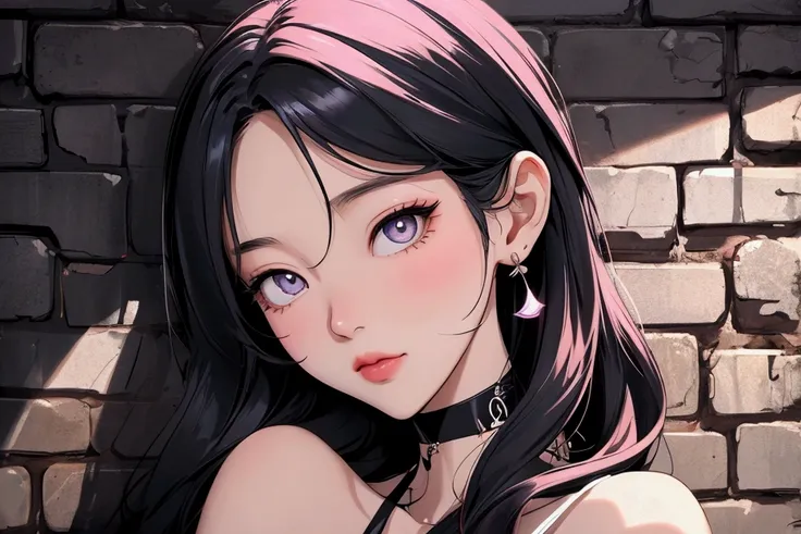 a woman in korean, style s80, with shiny hair, with model poses, with stylish model clothes, listening to old music and enjoying and feeling satisfaction, lofi hip hop, blurring the background, alone, beautiful and detailed eyes, on a brick wall with peeli...