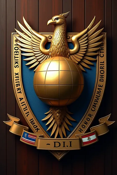 Shield with an orb inside and around the orb a phoenix and flags of Latin American countries on the edges of the shield the words strategy,ability, tactic, honor, commitment,Loyalty.On the lower external part the initials O.D.I.