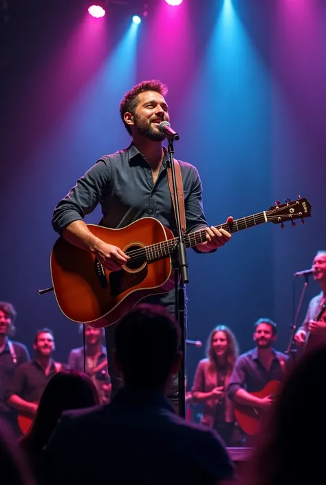 a man standing playing guitar and singing, detailed face and hands, several people watching happily in the background, high quality, photorealistic, detailed lighting, vibrant colors mais luz claridade sem a cabeça