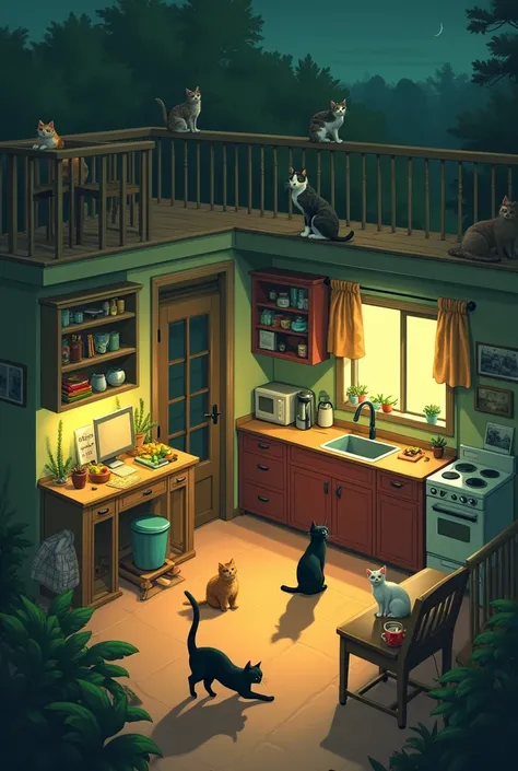 A kitchen with little light, together with a dining room where there is a computer and an armchair , where green colors predominate, yellow and red, It&#39;s night time and there are 5 cats scattered in space 