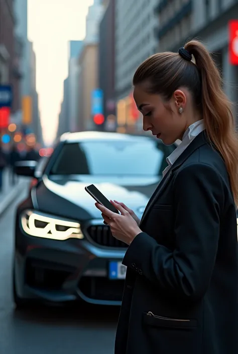 A  with I phone in front of bmw