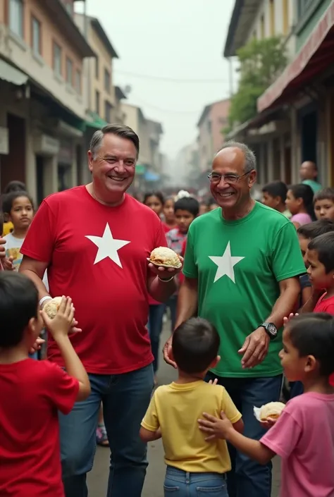 Make bolsonaro dressing a red t-shirt with white star and lula dressing a green t-shirt, both feeding poor kids in middle street