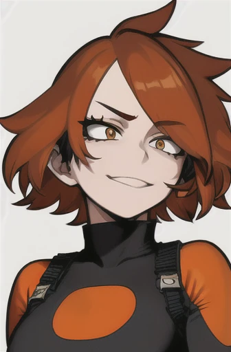 horikoshi kouhei, adult woman, round face, brown almond shaped eyes, long lashes, auburn medium hair, spiky orange left side bang hair strands, black bodysuit with orange details, long sleeves, black eye mask for both eyes, white background, boku no hero a...