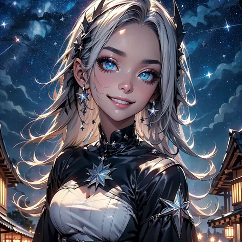 (masterpiece), Highest quality, Ultra-high resolution,Gothic、Silver Hair、Black Hair、Big smile、Bat、smile、Sick Makeup、(Background starry sky:1.3)、bamboo、night