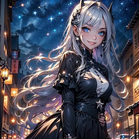 (masterpiece), Highest quality, Ultra-high resolution,Gothic、Silver Hair、Black Hair、Big smile、Bat、smile、Sick Makeup、(Background starry sky:1.3)、bamboo、night