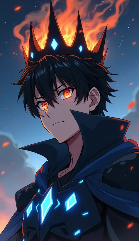 Create an image showing the face and upper chest of a muscular young man with black hair and glowing orange-red eyes. He is wearing a black crown with five sharp spikes, each spike engulfed in orange flames with dark gray smoke swirling around. The crown i...