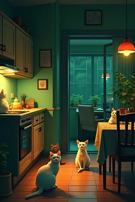 A kitchen with little light, together with a dining room where there is a computer and an armchair , where green colors predominate, yellow and red, It&#39;s night time and there are 5 cats scattered in space, make it realistic.