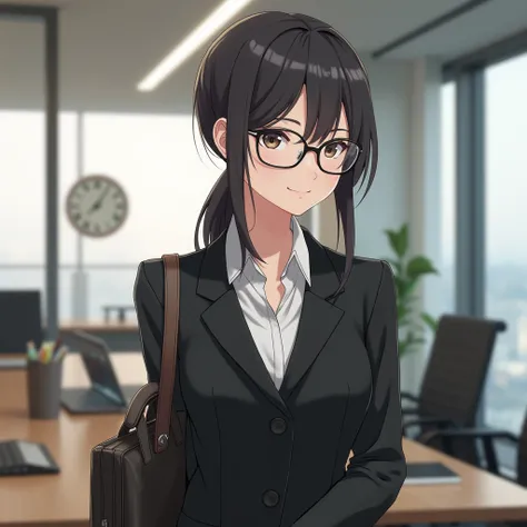 Black suit, glasses, Japanese, 20s, anime-like, older sister look, company background