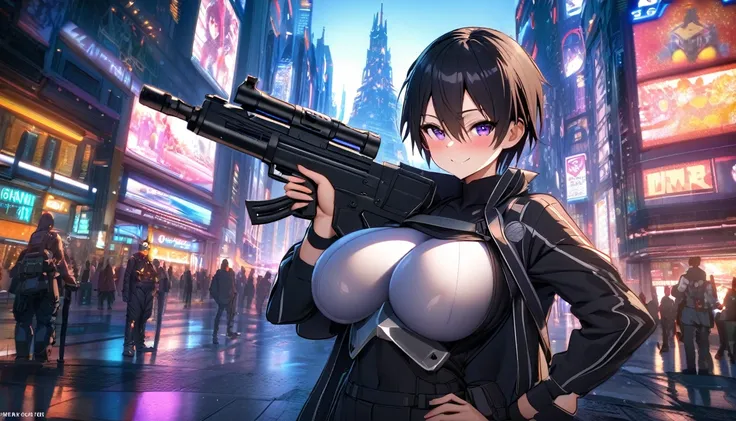 Kirito, Gun Gale Online Black Swordsman Costume Overturned Jacket Black Shirt Silver Breastplate Holding Gun in Hand Blushing at the Camera Super Huge Big Breasts Breast Enlargement A person with purple eyes stands alone in a sci-fi city looking at the cam...