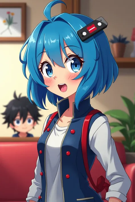 A spy girl with blue hair, very cute animation from Baku no Hero in a room and behind her a boy with black hair and red