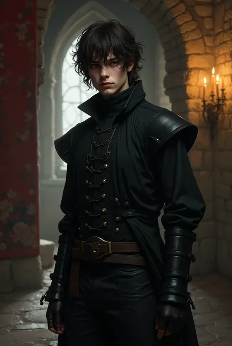 Portrait of a man in his 20s with brown hair and emo style, set in the middle ages
