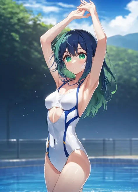 masterpiece, high quality, 8k, Beautiful lighting, One Girl, Alone, Green Eyes, Medium_hair,  Outdoor, Cowboy Shot, anime, blue hair,Wearing a tight-fitting white swimsuit,Wet with sweat,sexy,whole body,Anatomically correct, Look at, Spread your arms,