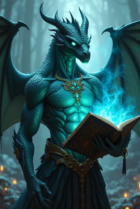 A topaz colored dragonborn with some topaz gems on its body, com um olhar maligno, eyes a bright cyan blue, holding a grimoire of black magic.