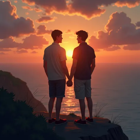 Two ex-boyfriends, watch the sunset, from a cliff, because the romance was over.