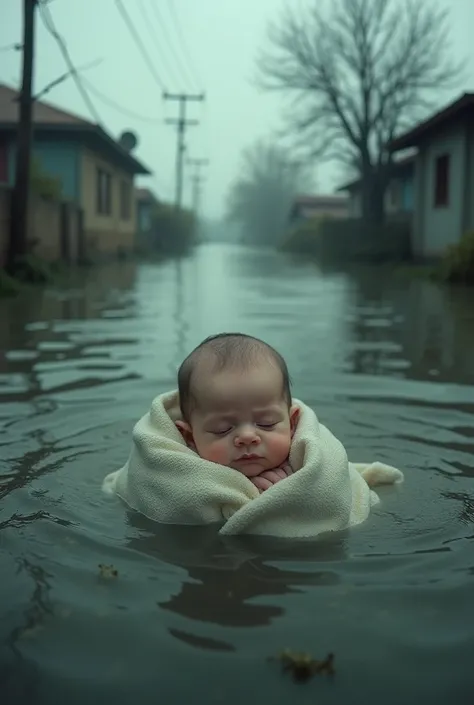 A baby on flood water