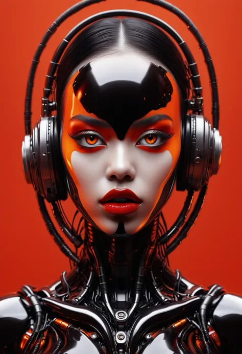 android portrait, half full body, biomorphic dystopia, Christopher Wool, Eikoh Hosoe, red and black tones, orange background, hyper detailed, 1girl, beautiful detailed eyes, beautiful detailed lips, extremely detailed eyes and face, long eyelashes, android...