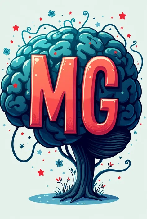 Animated style logo with psychology elements in the background. That contains the colors of the Nintendo logo and the letters MG