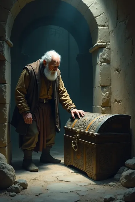 Old man unlocked an ancient chest hidden in the corner