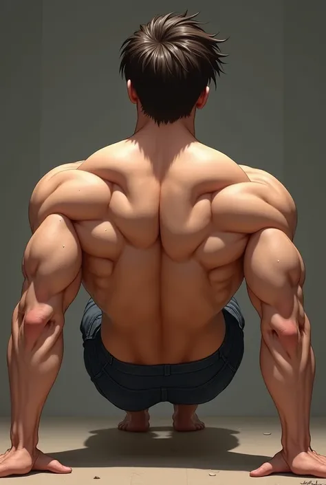 Han Xian is doing push-ups with his upper body bare and showing off his muscles. Please show Han Xian’s appearance from the back.:  
• hair：short brown hair，Slightly messy but overall stylish。
• Eye：Dark eyes。
• Skin color：Fair。
