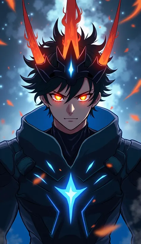 Create an image showing the face and upper chest of a muscular young man with black hair and glowing orange-red eyes. He is wearing a black crown with five sharp spikes, each spike engulfed in orange flames with dark gray smoke swirling around. The crown i...