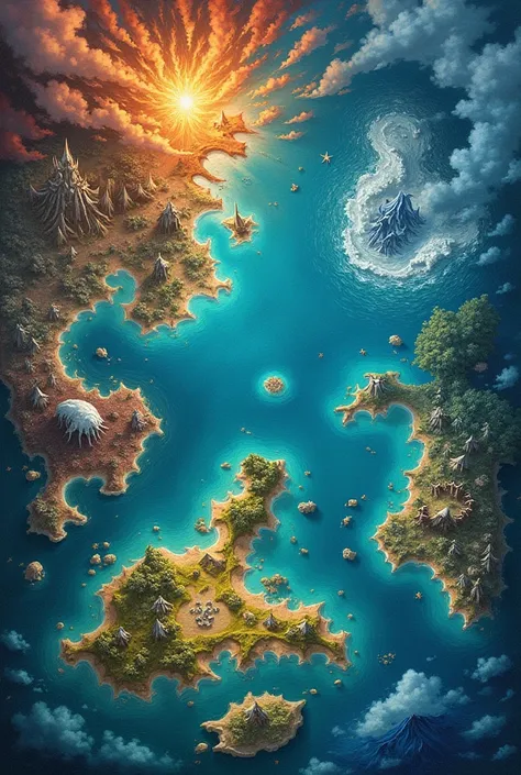 create a map with a world with 7 seas, each sea in the color of what it represents:
1. Ebony Sea: A dark and mysterious sea, with deep and dangerous waters.
2. Sepia Sea: Known for its murky waters, where time seems to flow strangely.
3. Sea of Sapphire: A...