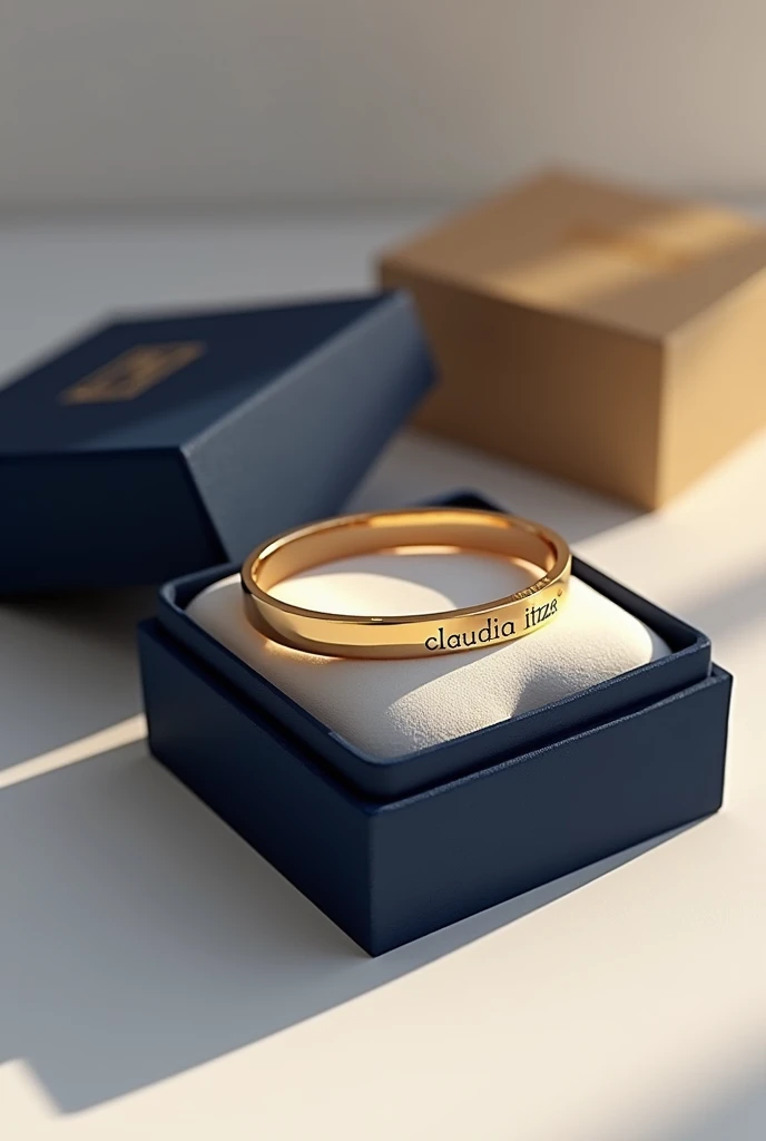 A 3D render of a luxurious gold bracelet with the name "CLAUDIA ITZAE" engraved on it. The bracelet is placed inside a navy blue gift box with gold accents. The gift box is placed on a white background. The lighting is soft.