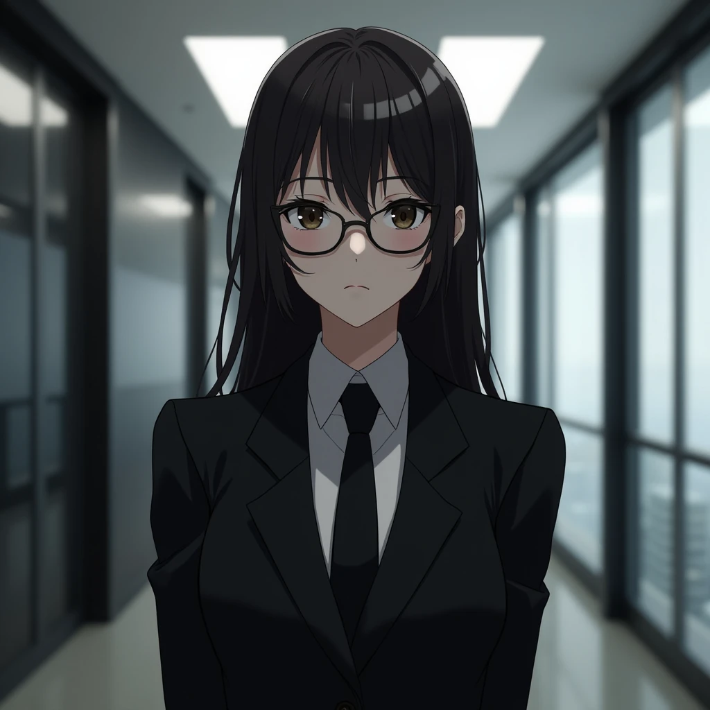 Black Suit, Glasses, Japanese, 20th Generation, Anime-like, Older sister style, Company Background Black Hair, Long Hair, 