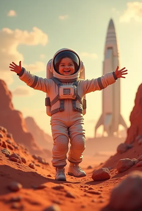 HAPPY AND JOYFUL astronaut man next to a spaceship on MARS